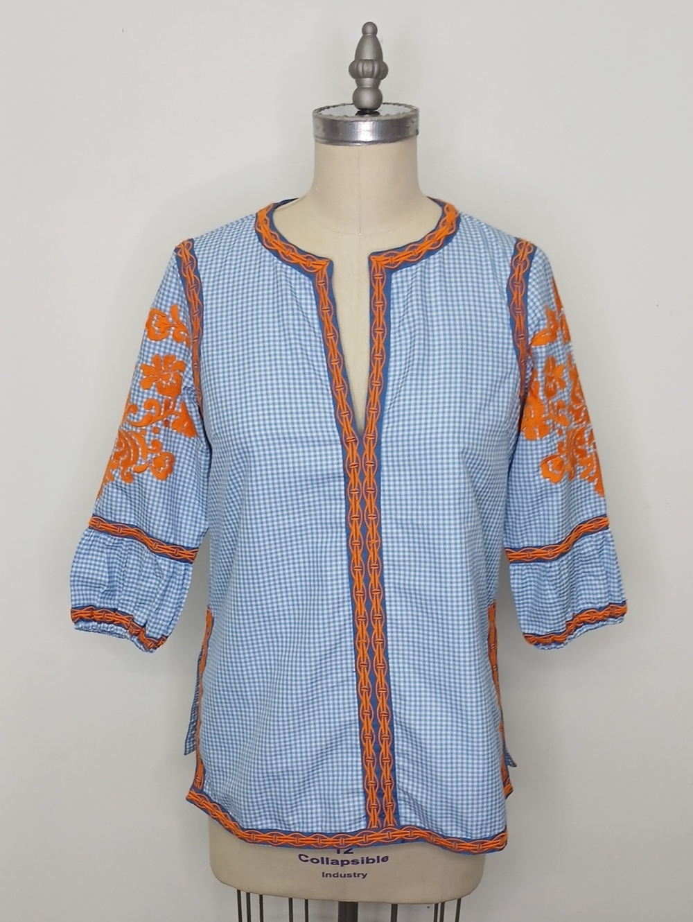 Gretchen Scott Gingham and Embroidered Peasant Top / Small